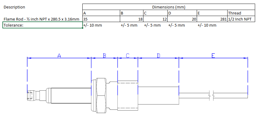 Flame Rod - 281mm x 1/2 NPT