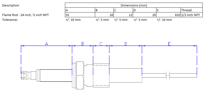 Flame Rod - 610mm x 1/2 NPT